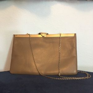 Vintage Tan Leather Purse w GoldPlated Metal Chain